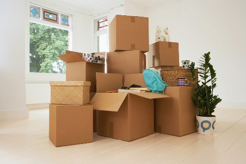 Packed office supplies and furniture ready for removals in Fulham